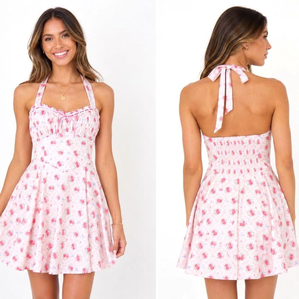 Altar'd State Size Large Pink Coquette Floral bow halter dress NWOT cotton - Picture 1 of 5